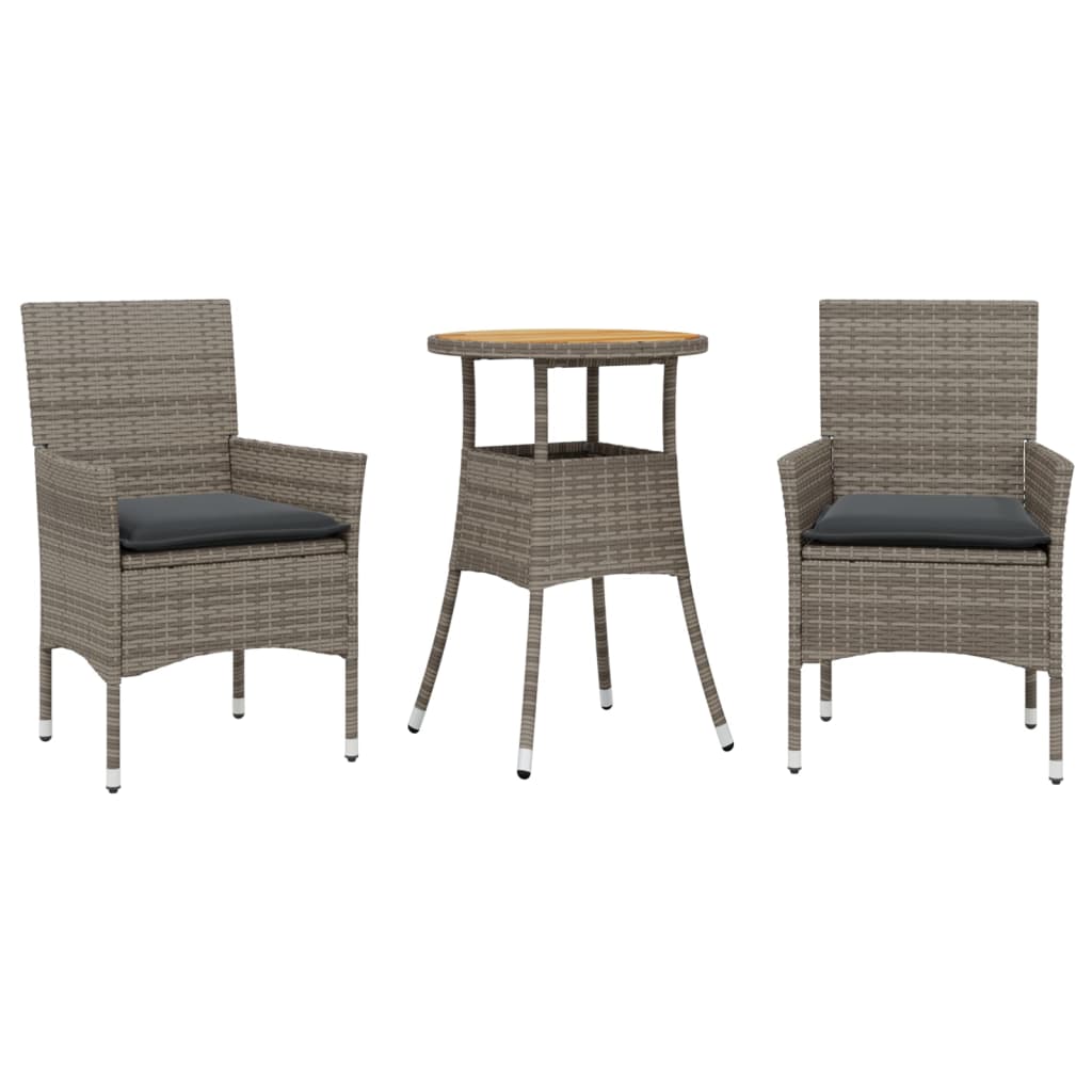 Set Pranzo da Giardino 3pz con Cuscini Polyrattan Acacia Grigio