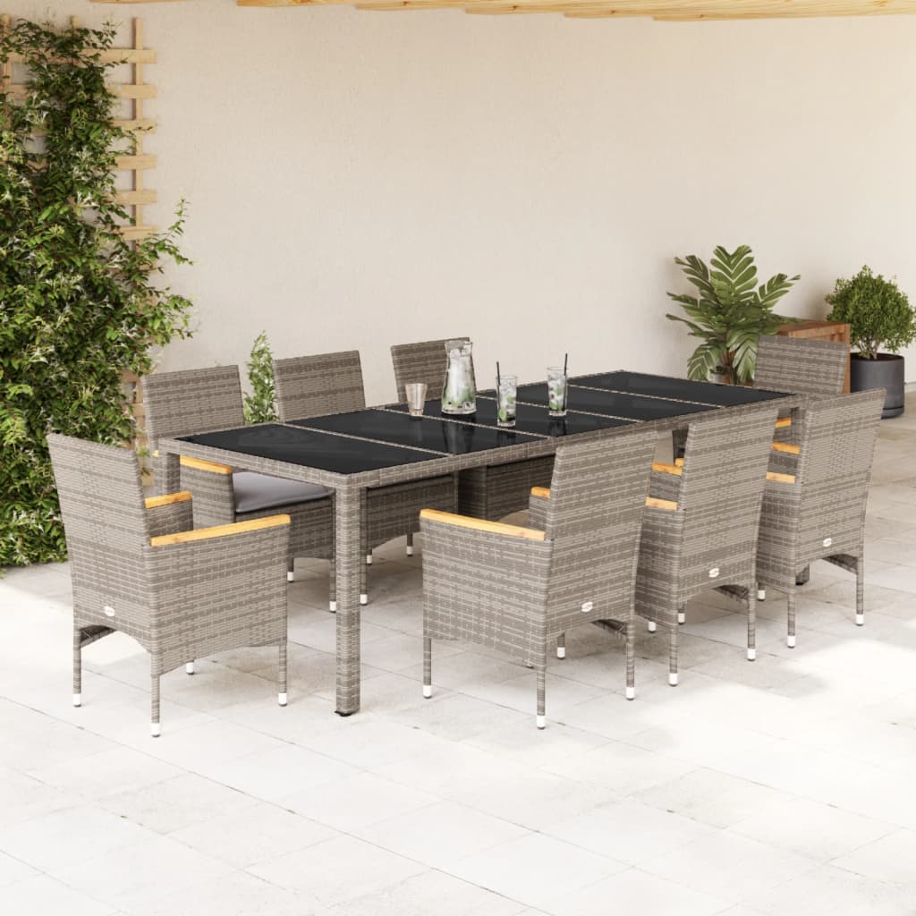 Set da Pranzo da Giardino 9 pz con Cuscini Polyrattan e Vetro