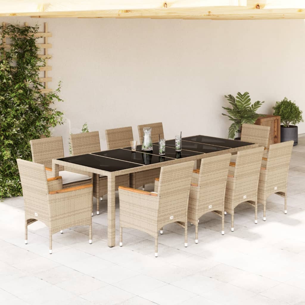 Set da Pranzo da Giardino 11 pz con Cuscini Polyrattan e Vetro