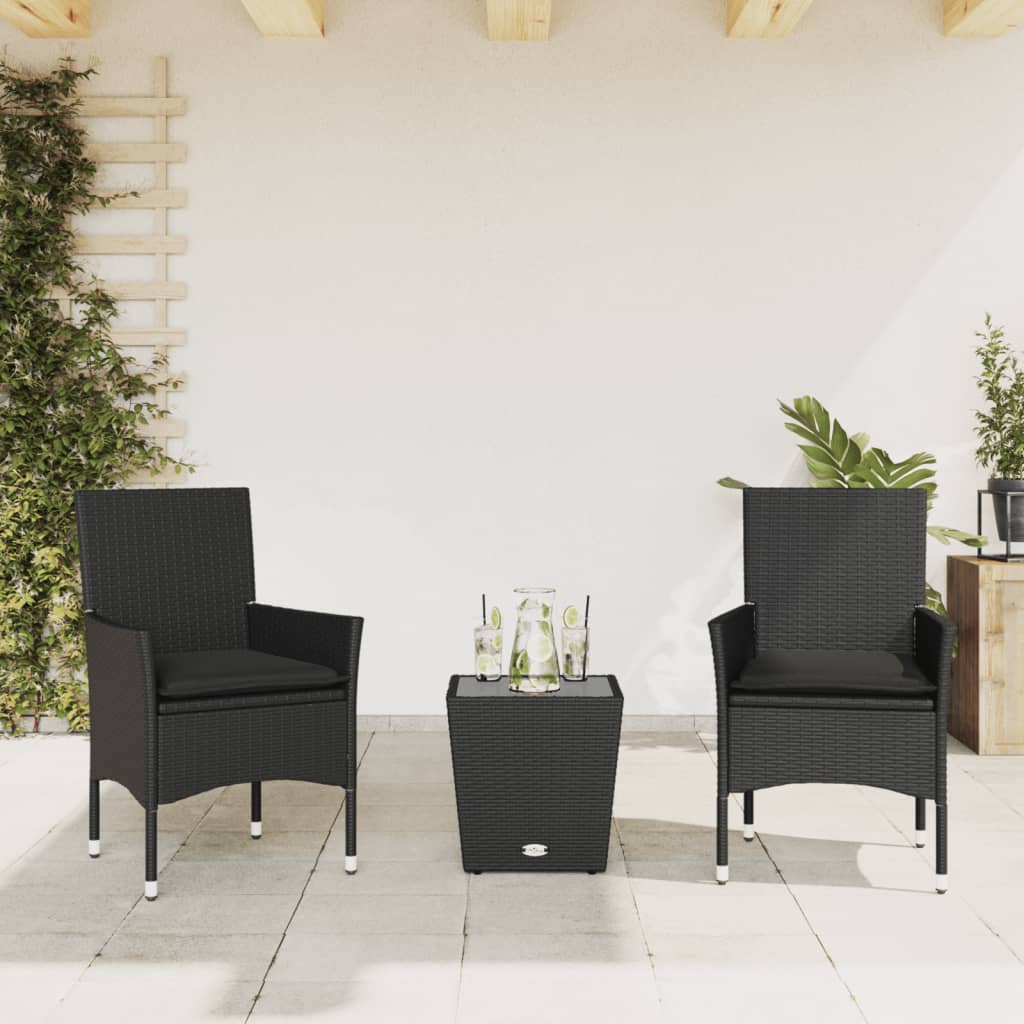 Set da Bistrò 3 pz con Cuscini Nero Polyrattan e Vetro