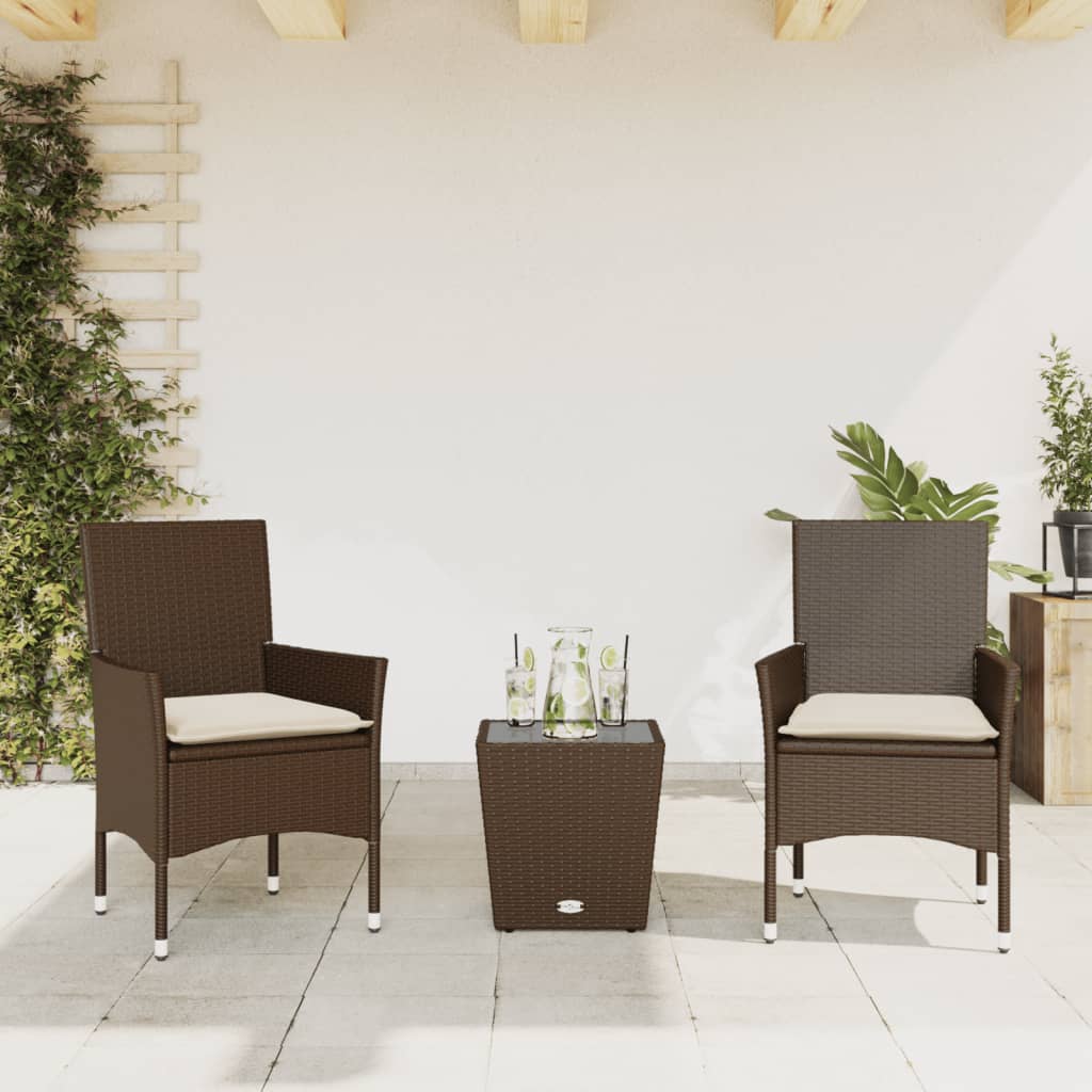 Set Bistrò 3 pz con Cuscini Marrone Polyrattan e Vetro