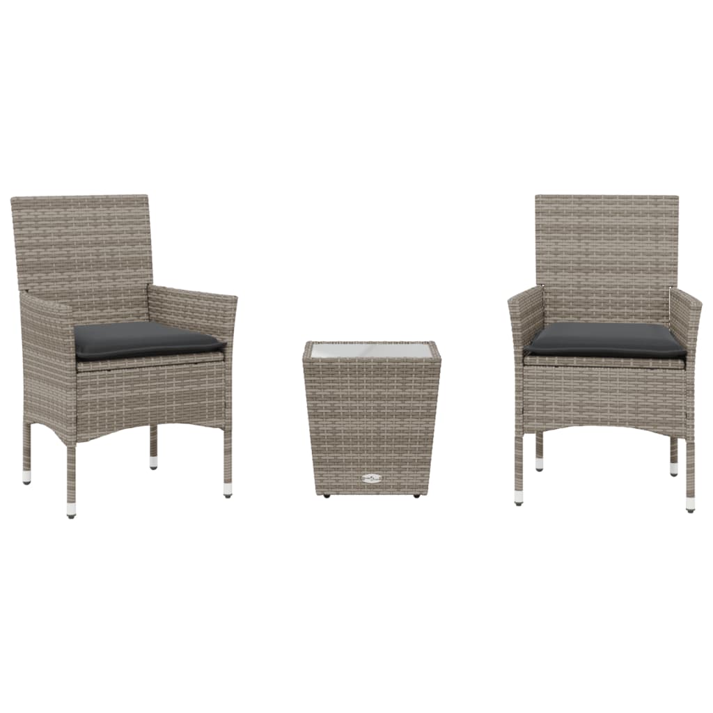 Set da Bistrò 3 pz con Cuscini Grigio Polyrattan e Vetro