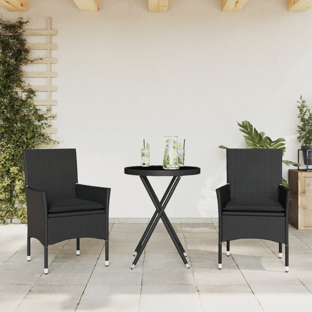 Set da Bistrò 3 pz con Cuscini Nero Polyrattan e Vetro