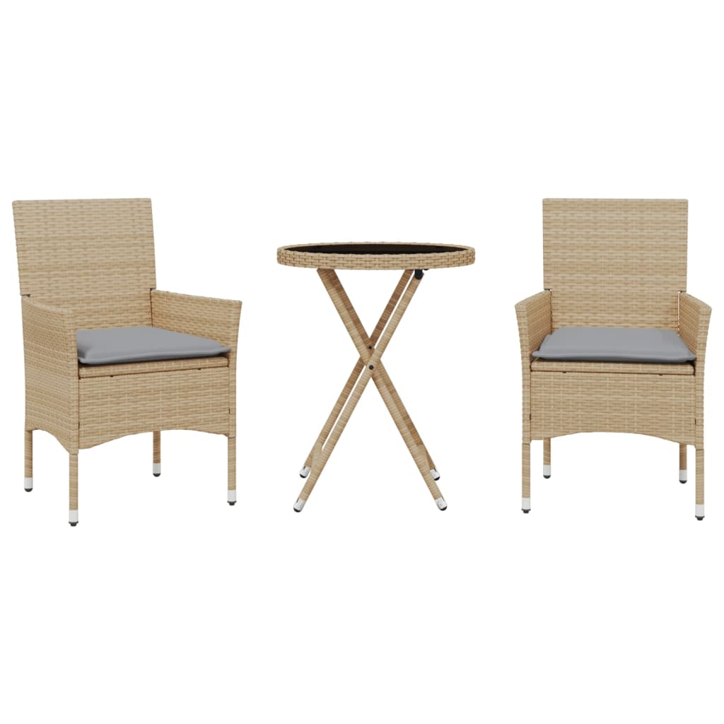 Set da Bistrò 3 pz con Cuscini Beige Polyrattan e Vetro