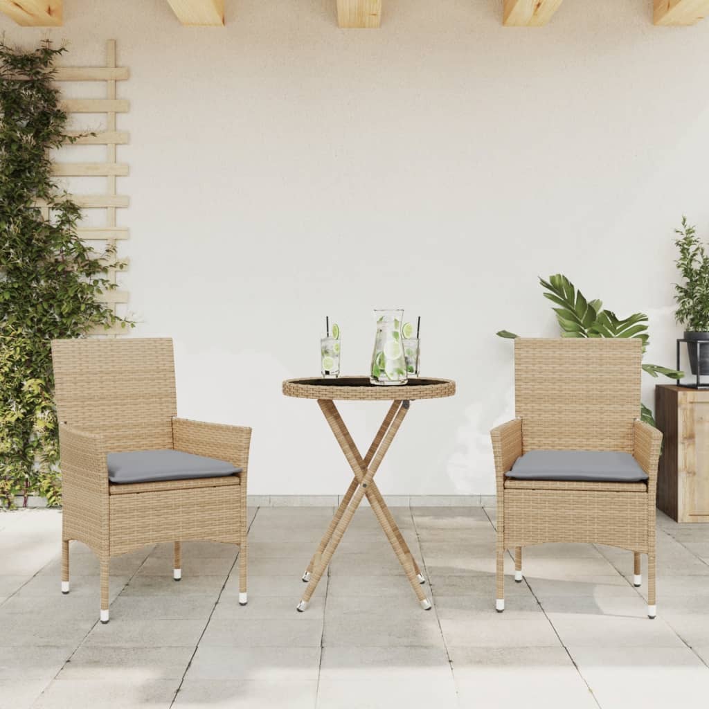 Set da Bistrò 3 pz con Cuscini Beige Polyrattan e Vetro