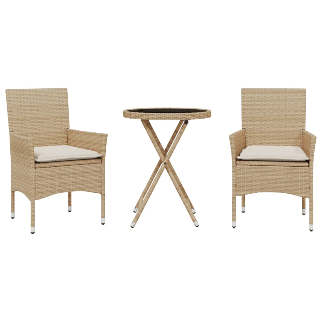 Set da Bistrò 3 pz con Cuscini Beige Polyrattan e Vetro