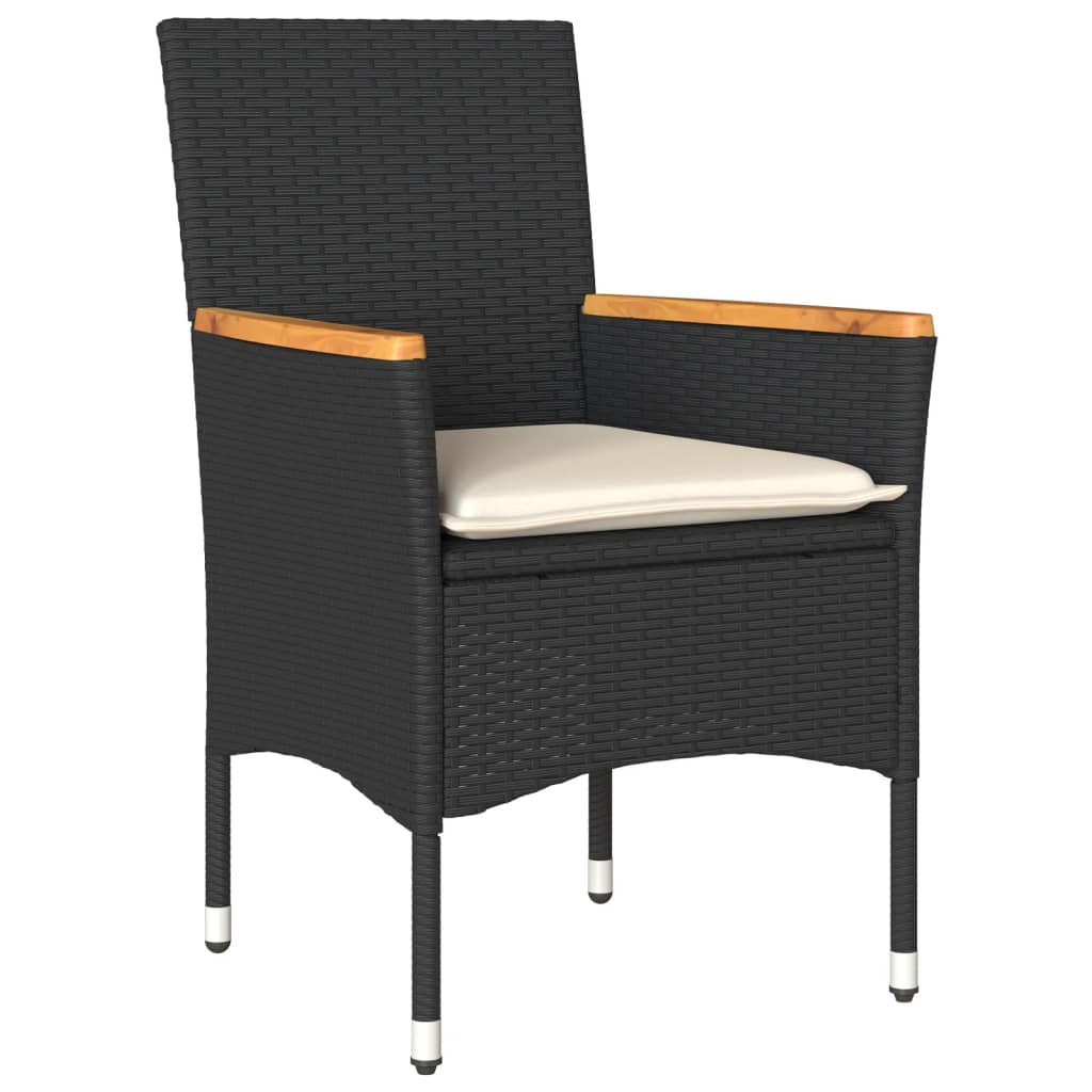 Set da Bistrò 3 pz con Cuscini Nero Polyrattan e Vetro