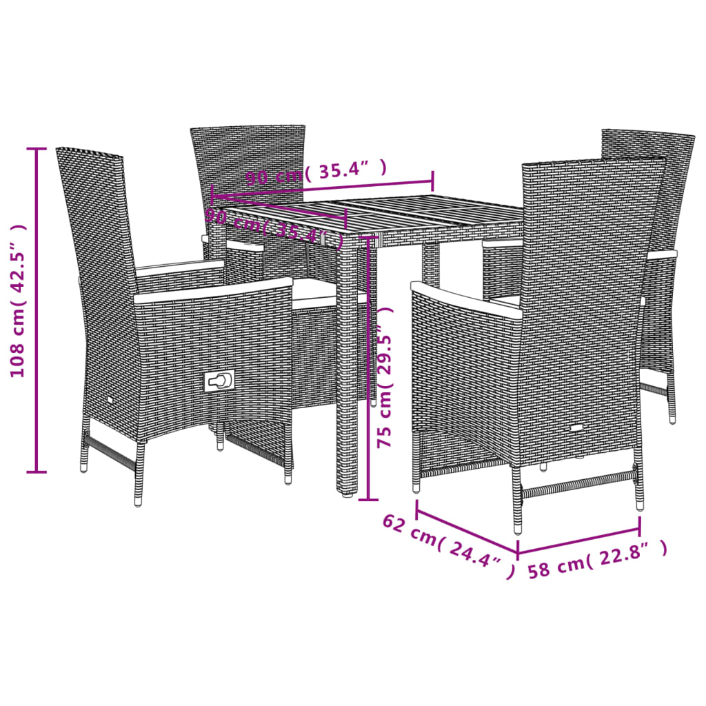 Set da Pranzo da Giardino 5 pz Nero con Cuscini in Polyrattan