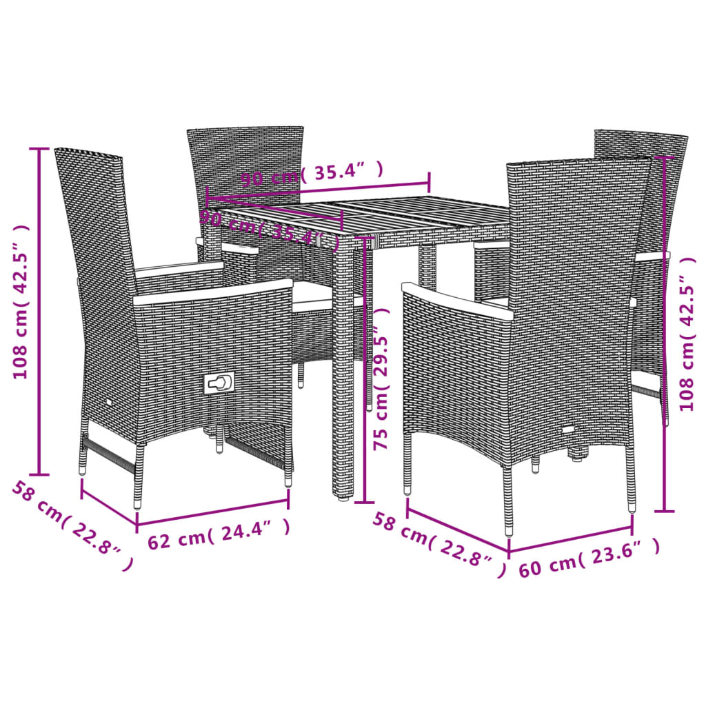 Set da Pranzo da Giardino 5 pz Nero con Cuscini in Polyrattan