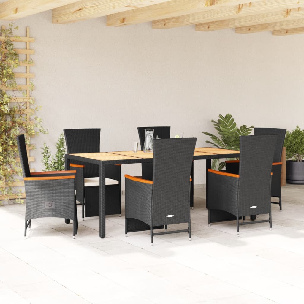 Set da Pranzo da Giardino 7 pz Nero con Cuscini in Polyrattan