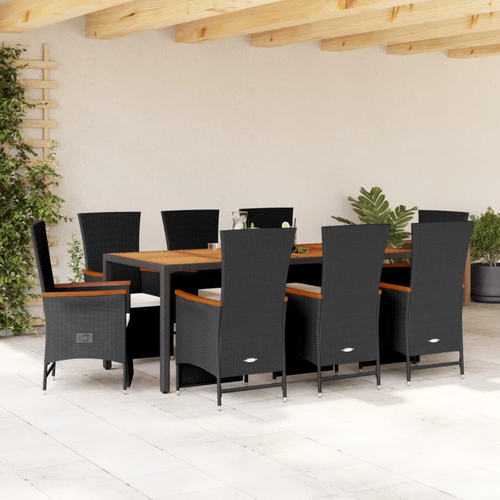 Set da Pranzo da Giardino 9 pz con Cuscini Nero in Polyrattan