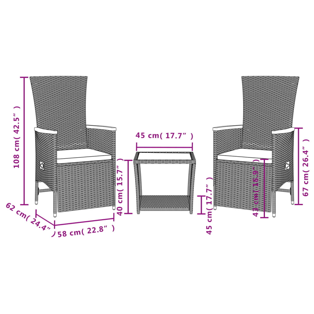 Set da Pranzo da Giardino 3 pz con Cuscini Nero in Polyrattan