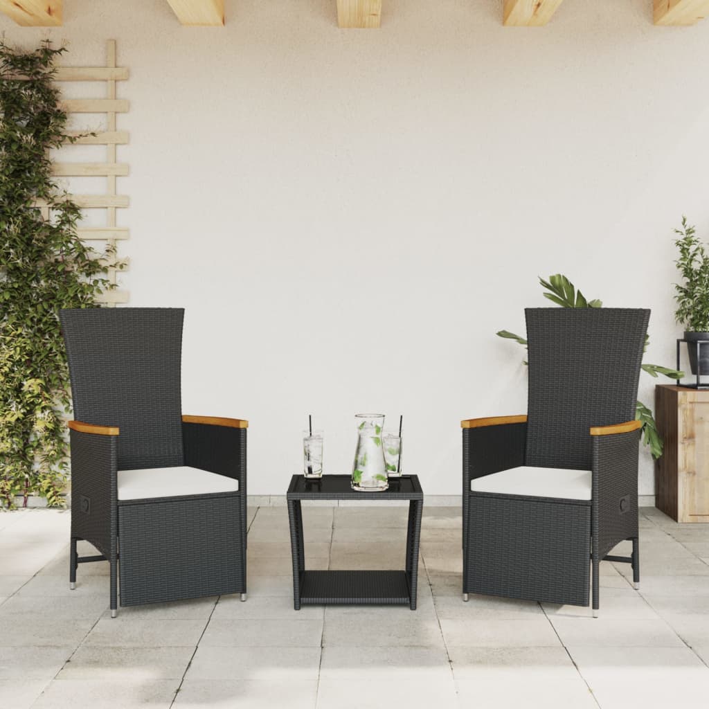 Set da Pranzo da Giardino 3 pz con Cuscini Nero in Polyrattan