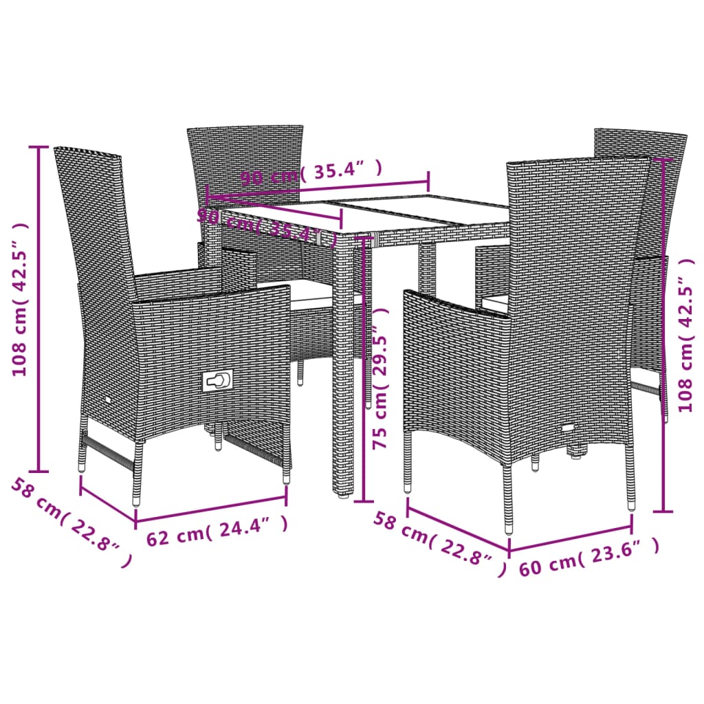 Set da Pranzo da Giardino 5 pz con Cuscini Beige in Polyrattan