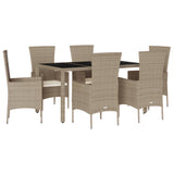 Set da Pranzo da Giardino 7 pz con Cuscini Beige in Polyrattan