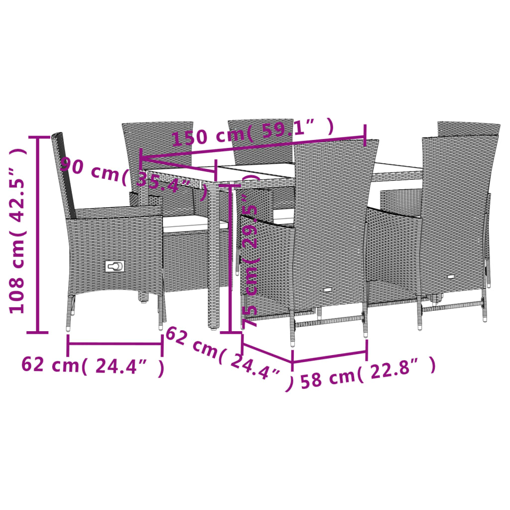 Set da Pranzo da Giardino 7 pz con Cuscini Beige in Polyrattan