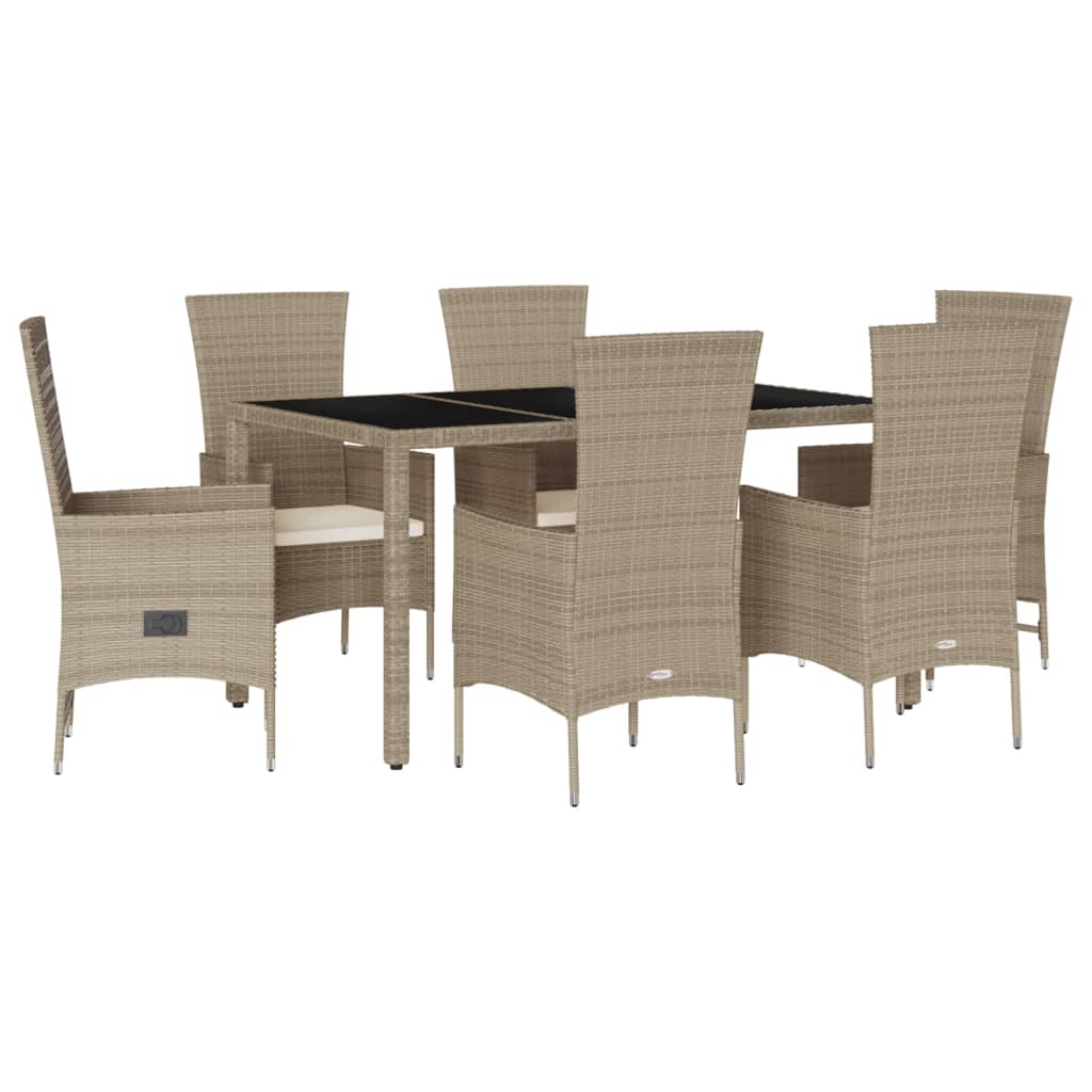 Set da Pranzo da Giardino 7 pz con Cuscini Beige in Polyrattan