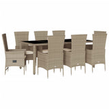 Set da Pranzo da Giardino 9 pz con Cuscini Beige in Polyrattan