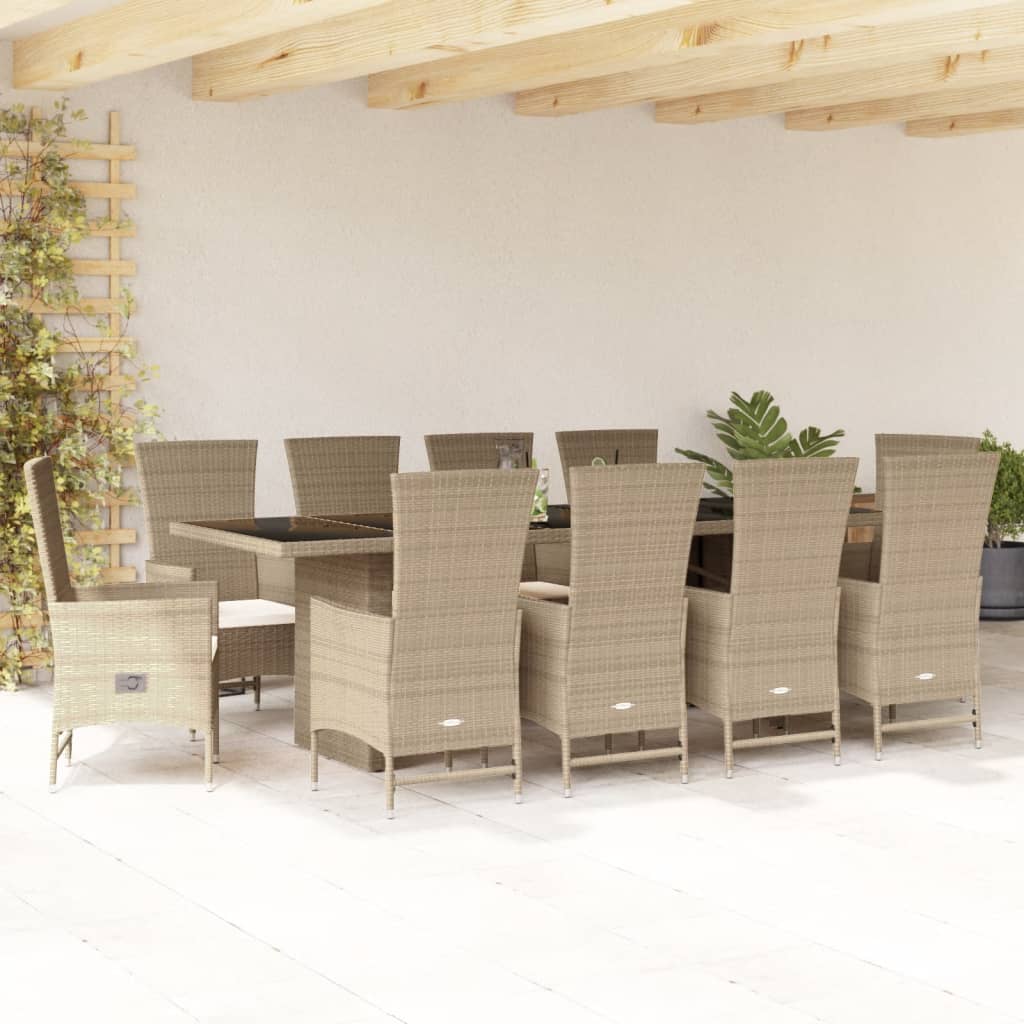 Set da Pranzo da Giardino 11 pz con Cuscini Beige in Polyrattan