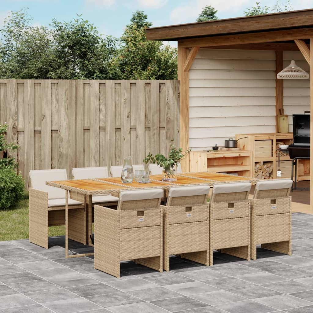 Set da Pranzo da Giardino 9 pz con Cuscini Beige in Polyrattan