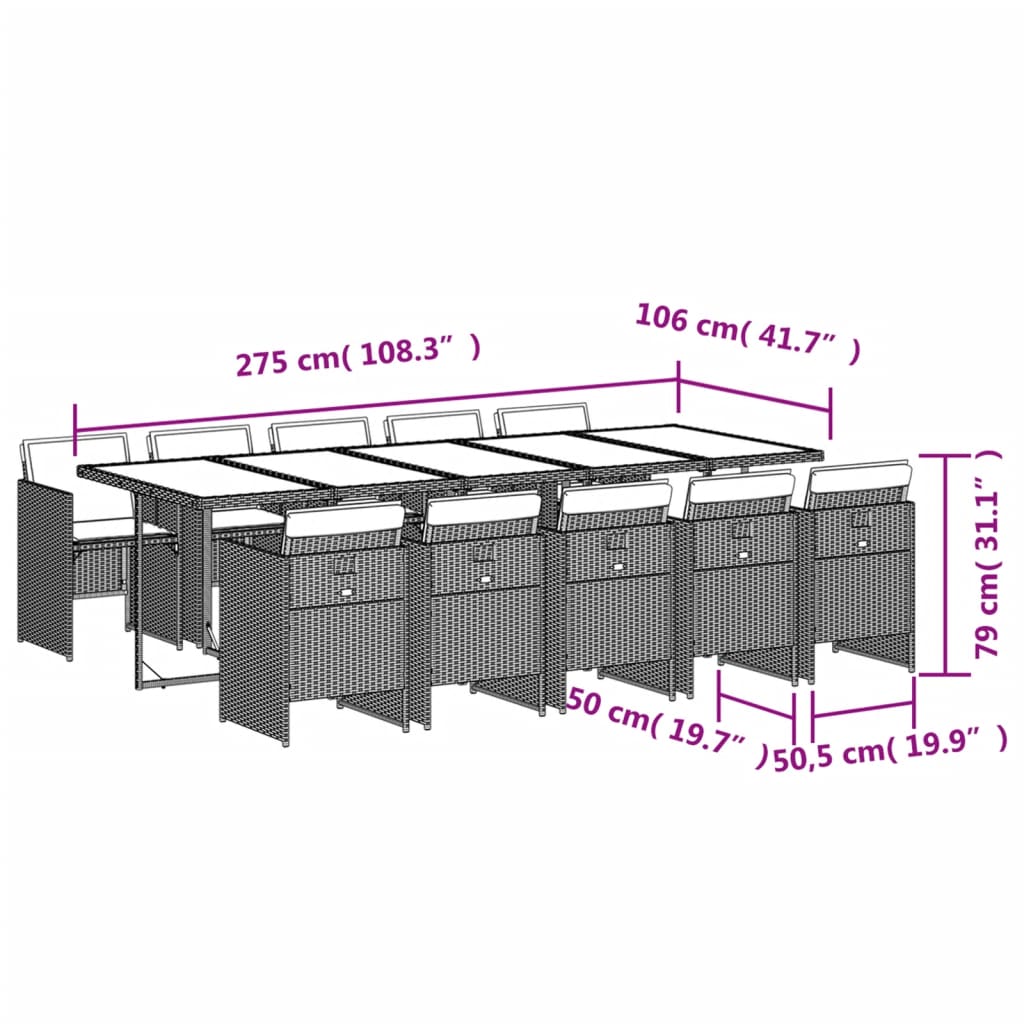 Set Pranzo Giardino 11pz con Cuscini Grigio Chiaro Polyrattan