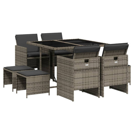 Set da Pranzo da Giardino 9 pz con Cuscini in Polyrattan Grigio