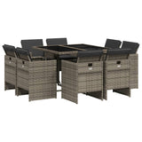 Set da Pranzo da Giardino 9 pz con Cuscini in Polyrattan Grigio