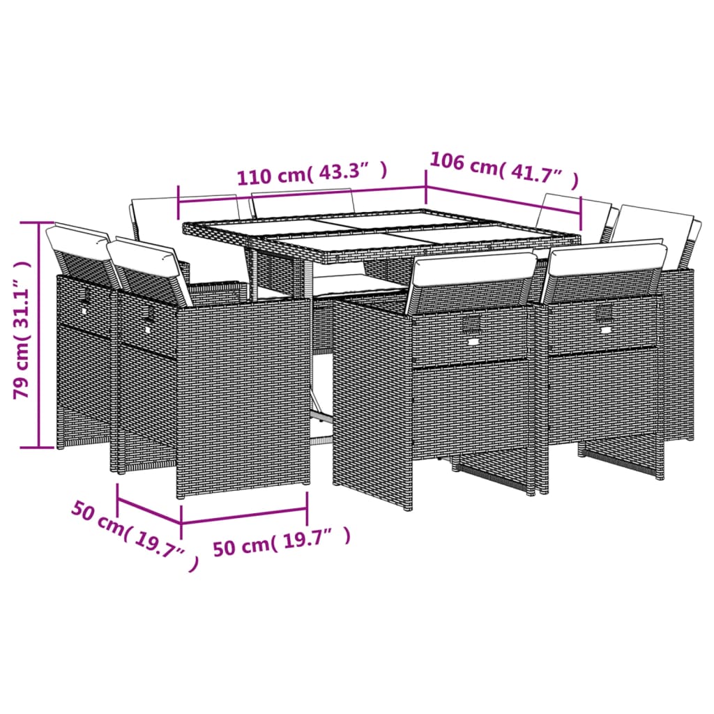 Set da Pranzo da Giardino 9 pz con Cuscini in Polyrattan Grigio