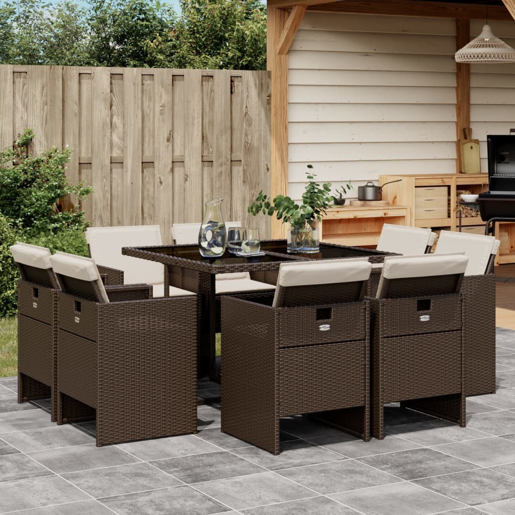 Set da Pranzo da Giardino 9pz con Cuscini Marrone in Polyrattan