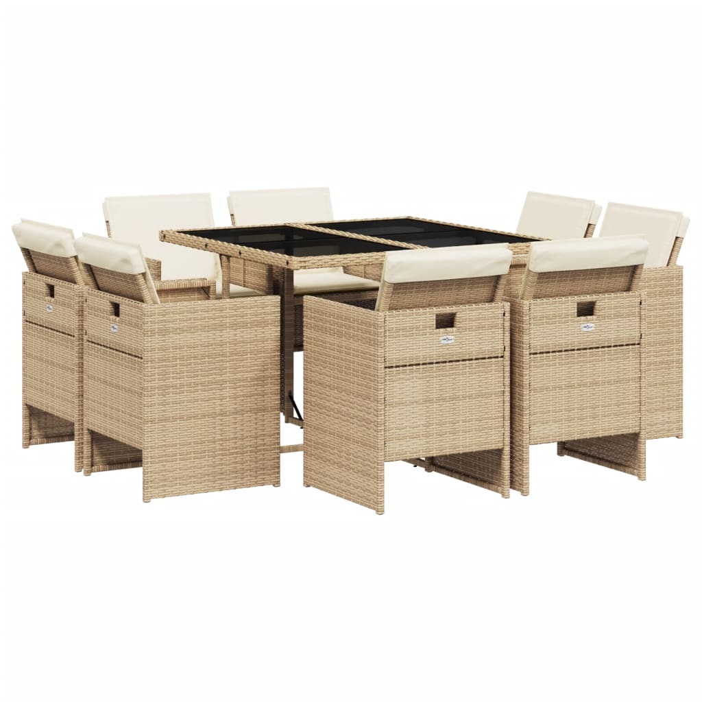 Set da Pranzo da Giardino 9 pz con Cuscini Beige in Polyrattan