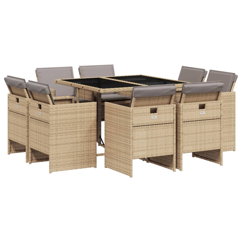 Set Pranzo da Giardino 9 pz con Cuscini Beige Misto Polyrattan