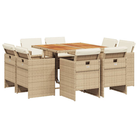 Set da Pranzo da Giardino 9 pz con Cuscini Beige in Polyrattan