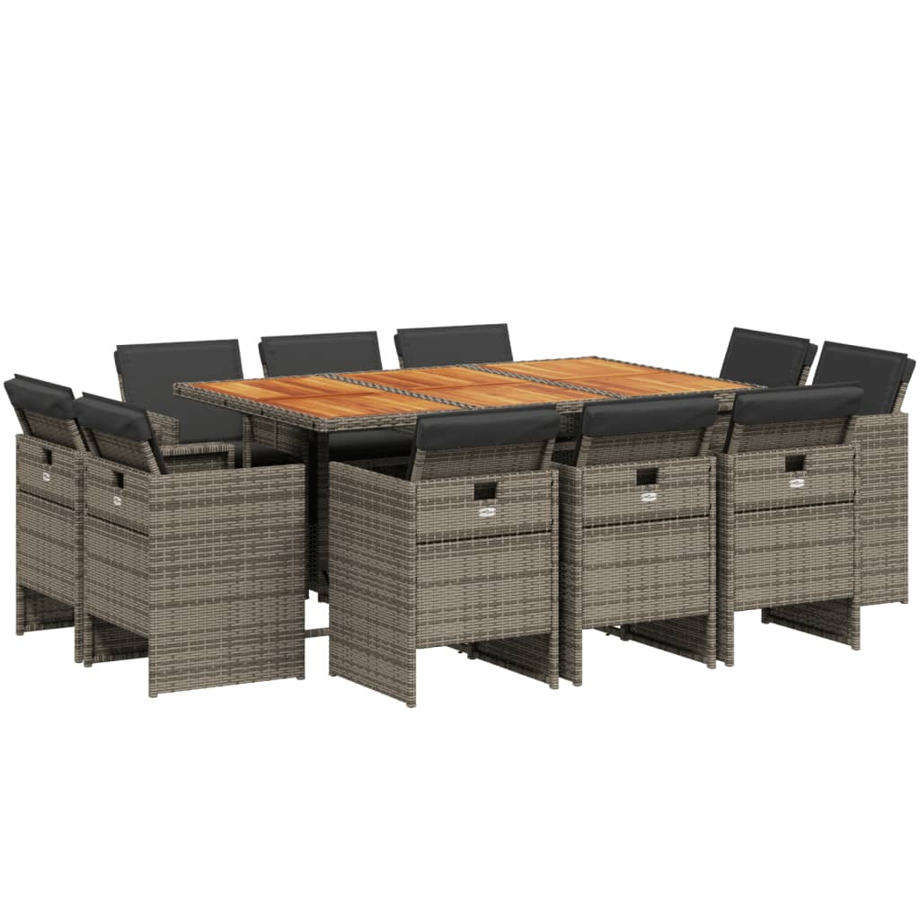 Set da Pranzo da Giardino 11pz con Cuscini in Polyrattan Grigio