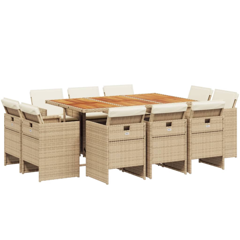 Set da Pranzo da Giardino 11 pz con Cuscini Beige in Polyrattan