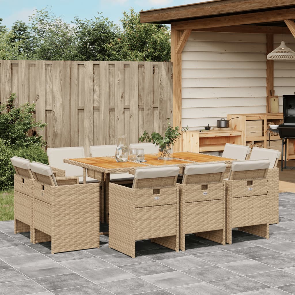 Set da Pranzo da Giardino 11 pz con Cuscini Beige in Polyrattan