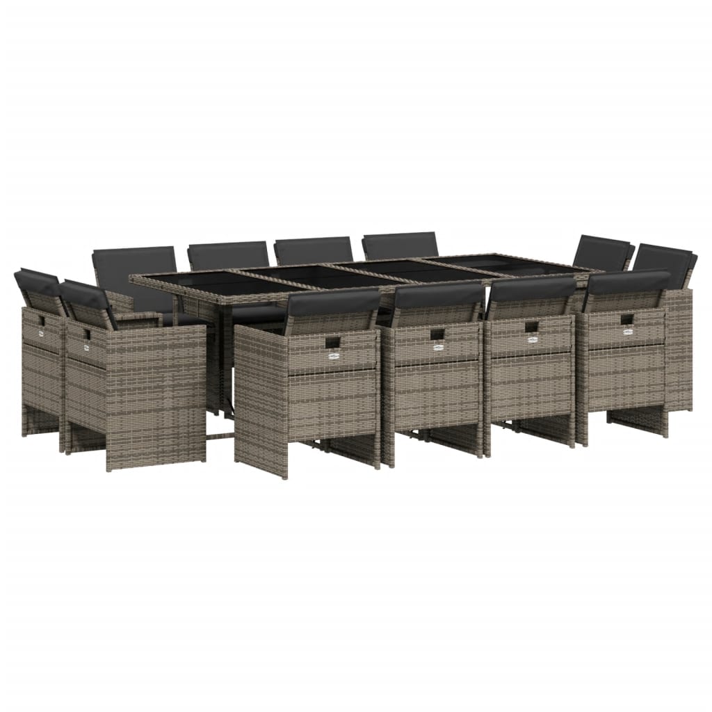 Set da Pranzo da Giardino 13pz con Cuscini Grigio in Polyrattan