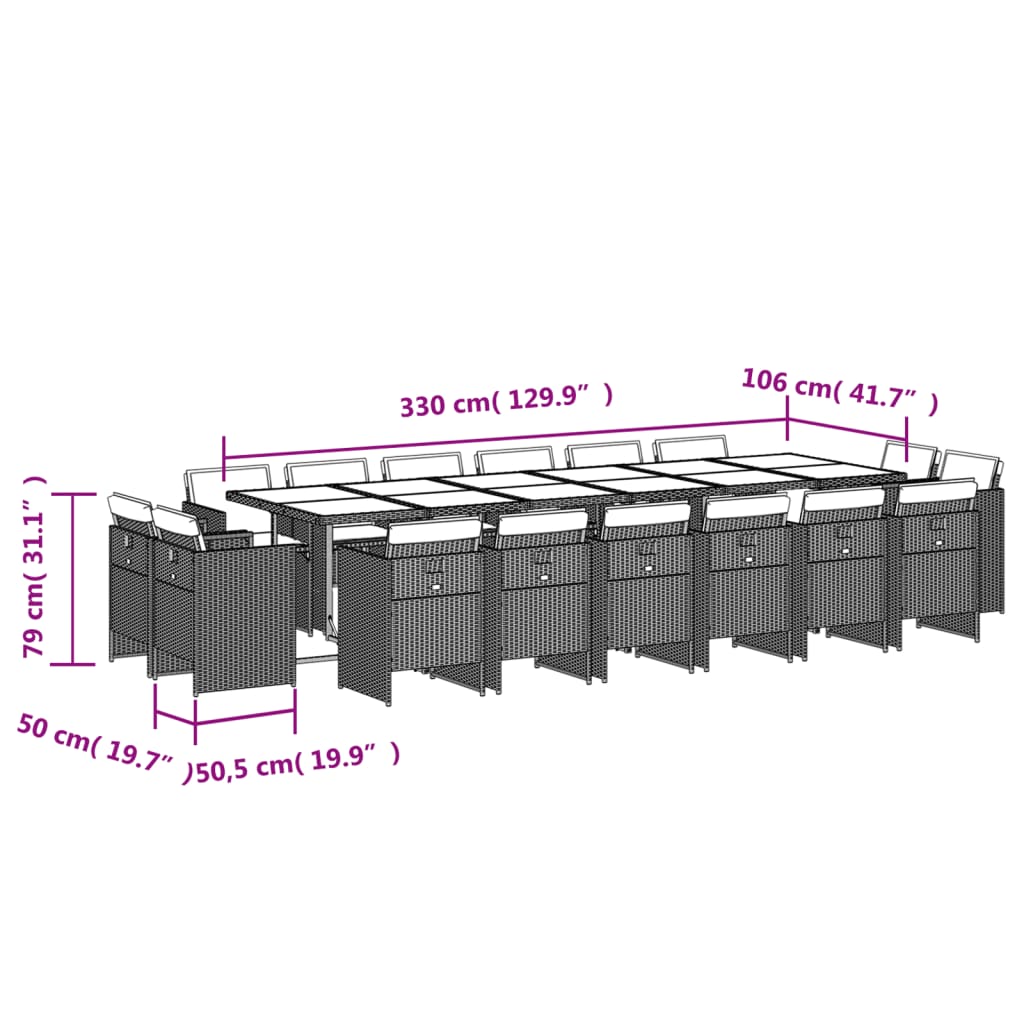 Set da Pranzo da Giardino 17pz con Cuscini Grigio in Polyrattan