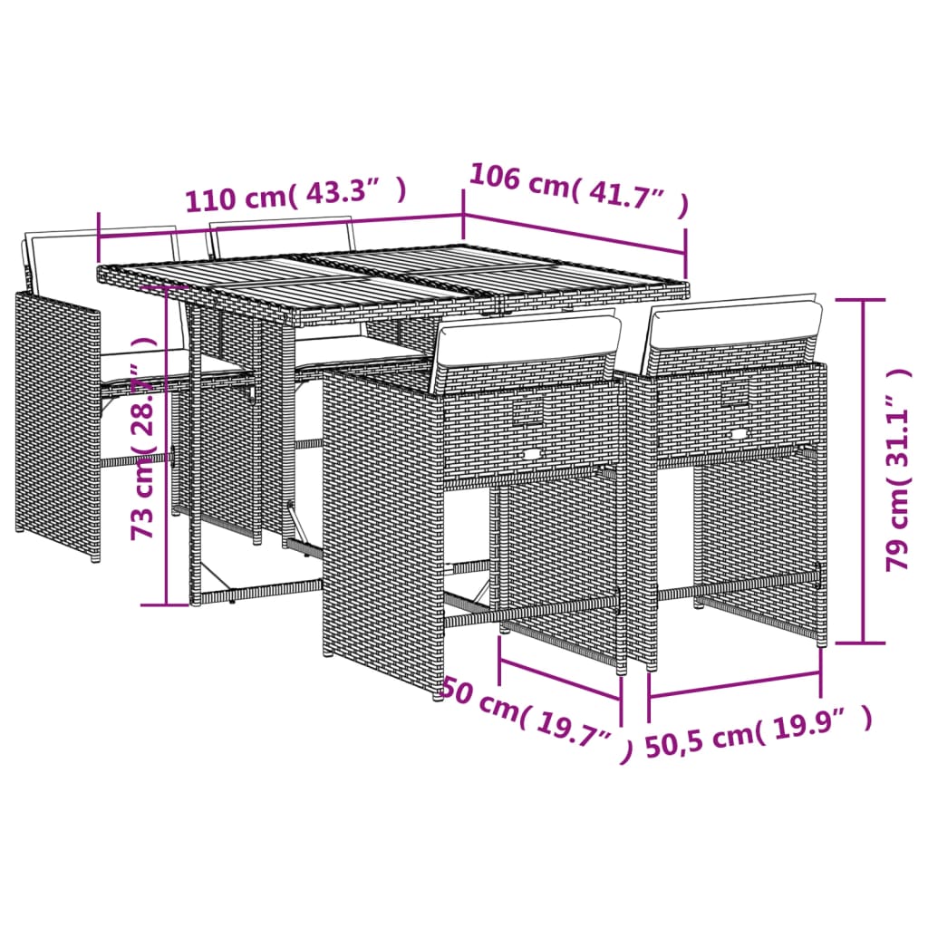 Set da Pranzo da Giardino 5 pz con Cuscini in Polyrattan Grigio