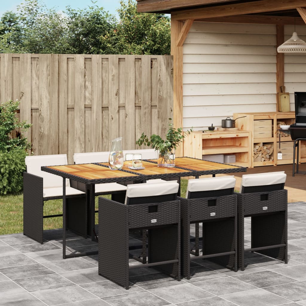 Set da Pranzo da Giardino 7 pz Nero con Cuscini in Polyrattan