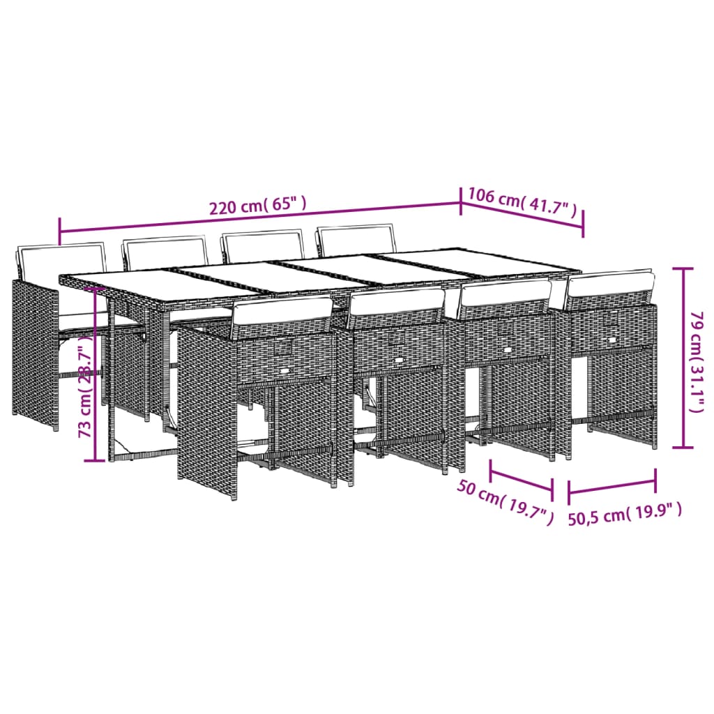 Set da Pranzo da Giardino 9 pz con Cuscini in Polyrattan Grigio