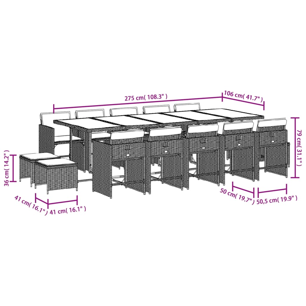 Set da Pranzo da Giardino 15 pz con Cuscini Grigio Polyrattan