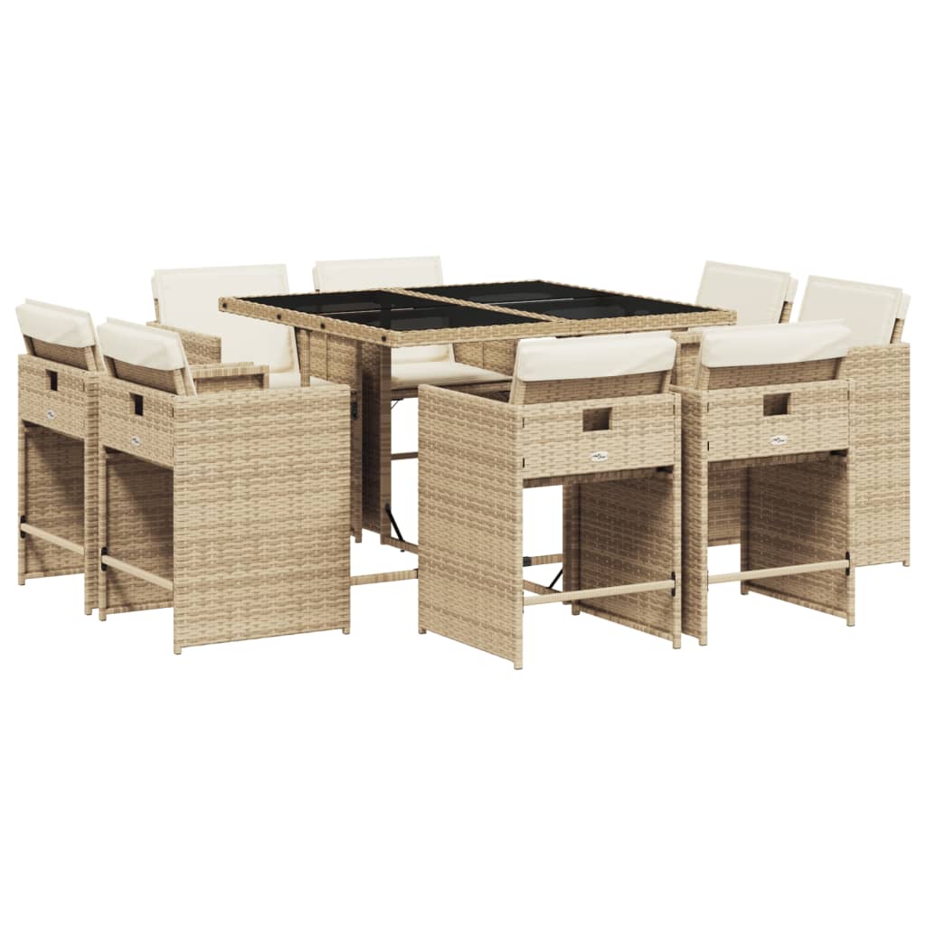 Set da Pranzo da Giardino 9 pz con Cuscini Beige in Polyrattan