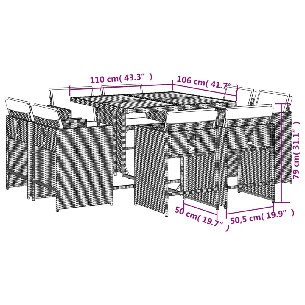 Set da Pranzo da Giardino 9 pz con Cuscini Beige in Polyrattan