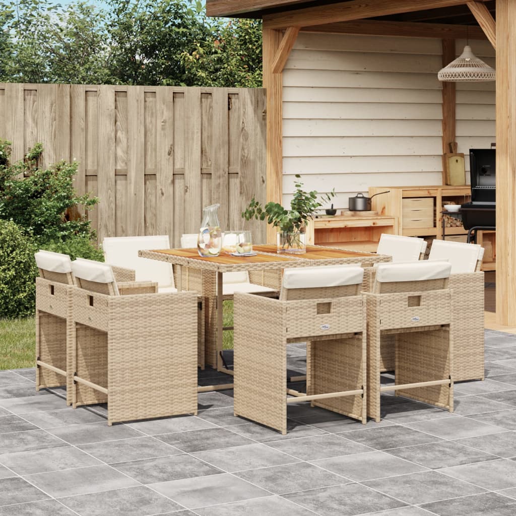 Set da Pranzo da Giardino 9 pz con Cuscini Beige in Polyrattan