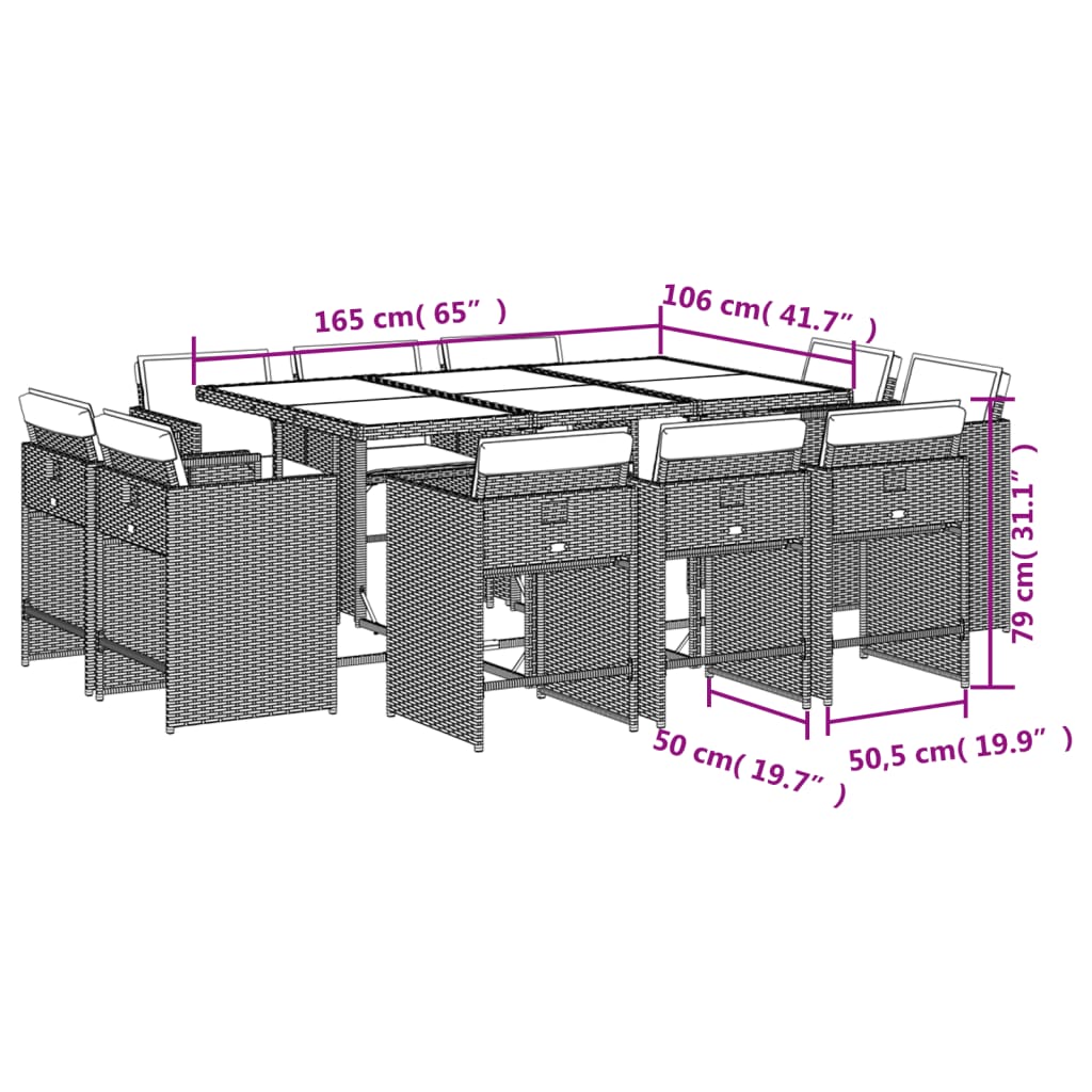 Set da Pranzo da Giardino 11 pz con Cuscini in Polyrattan Nero