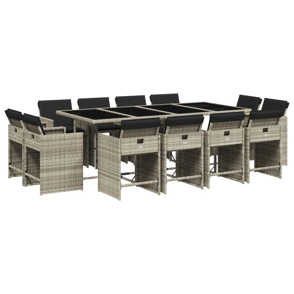 Set da Pranzo da Giardino 13pz con Cuscini Grigio in Polyrattan