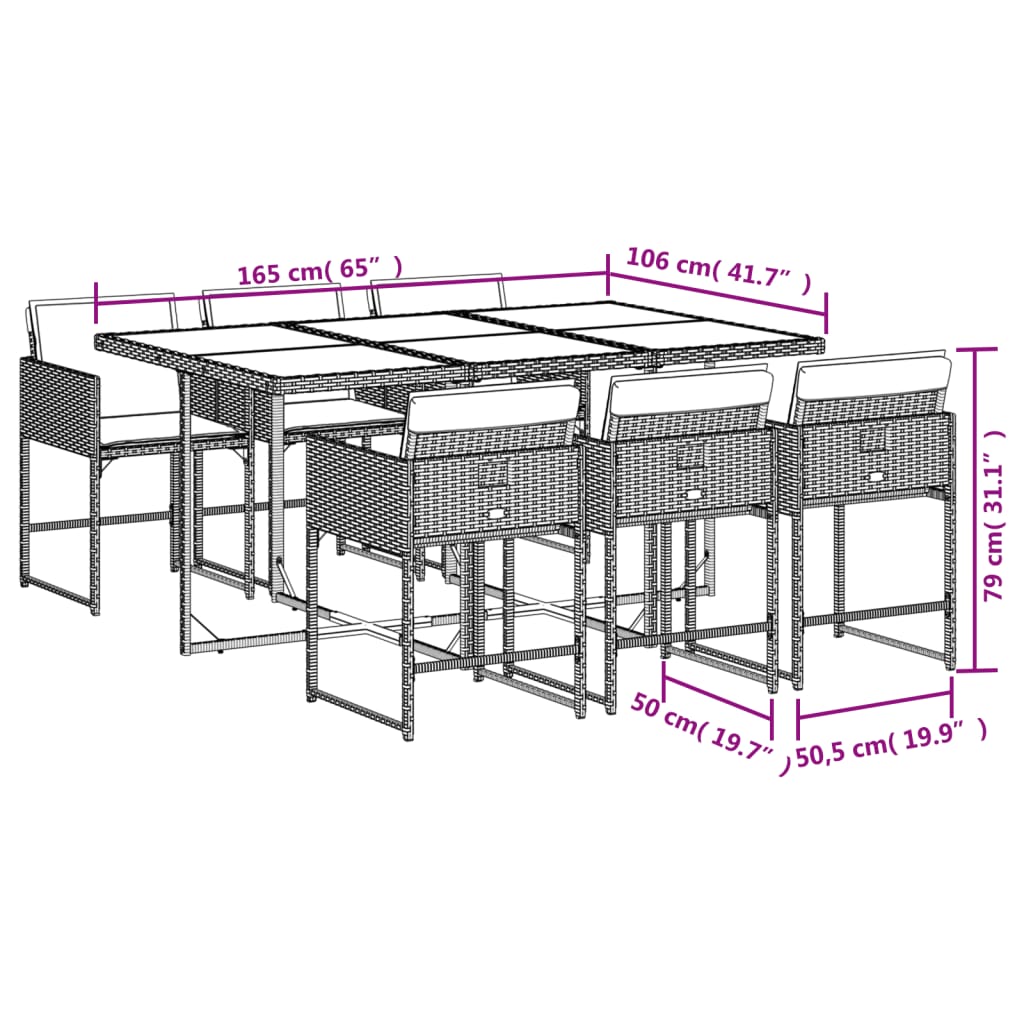 Set da Pranzo da Giardino 7 pz Nero con Cuscini in Polyrattan