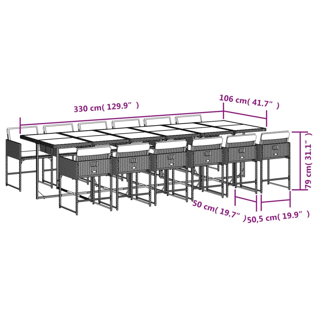 Set da Pranzo da Giardino 13pz con Cuscini Nero in Polyrattan