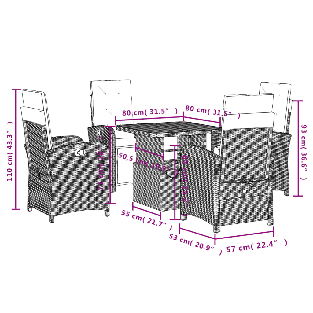 Set da Pranzo da Giardino 5 pz Nero con Cuscini in Polyrattan