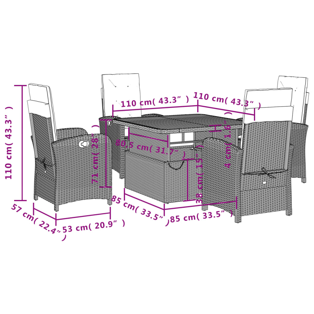 Set da Pranzo da Giardino 5 pz Nero con Cuscini in Polyrattan